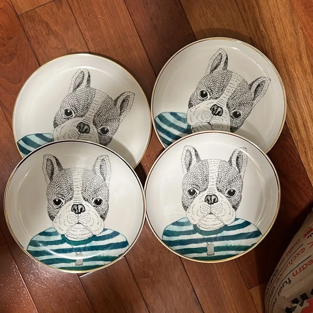 PIER 1 Book Club FRENCH BULLDOG Fine China Salad Plates Gold Trim Set/2